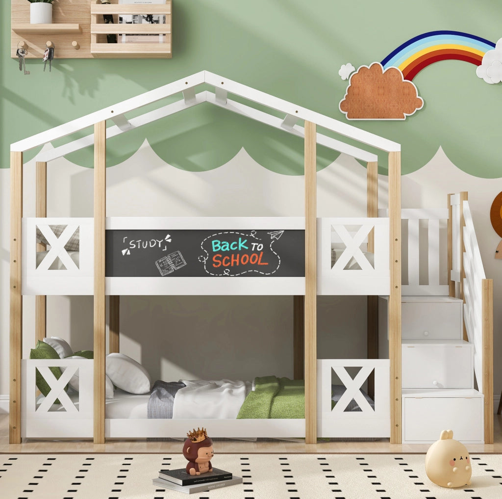 Letto a soppalco per bambini 90x200 cm in legno bianco e naturale con scala contenitore