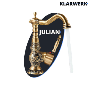 JULIAN | Rubinetto da bagno alto vintage in ottone dorato | Miscelatore retrò in acciaio inox per lavabo freestanding | con rubinetto gastronomico