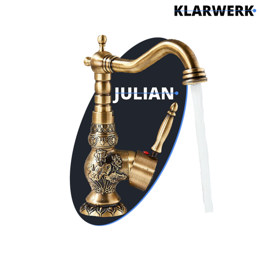 JULIAN | Rubinetto da bagno alto vintage in ottone dorato | Miscelatore retrò in acciaio inox per lavabo freestanding | con rubinetto gastronomico