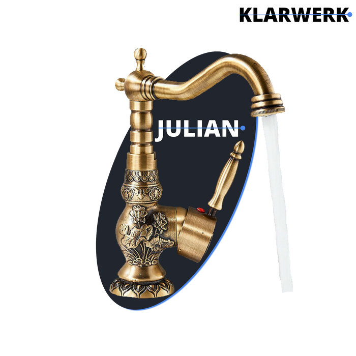 JULIAN | Rubinetto da bagno alto vintage in ottone dorato | Miscelatore retrò in acciaio inox per lavabo freestanding | con rubinetto gastronomico