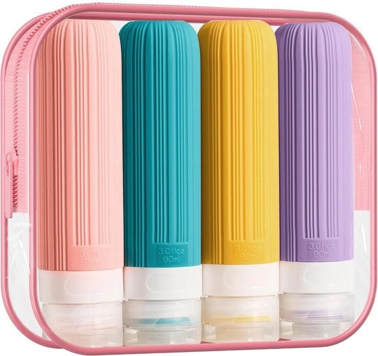 Set di 4 flaconi in silicone, flacone di viaggio vuoto 90 ml, contenitore di viaggio impermeabile e lekvrijo, flacone di cosmetici piccolo, formato di viaggio per shampoo, impermeabile e lekvrijo, per shampoo e cosmetici