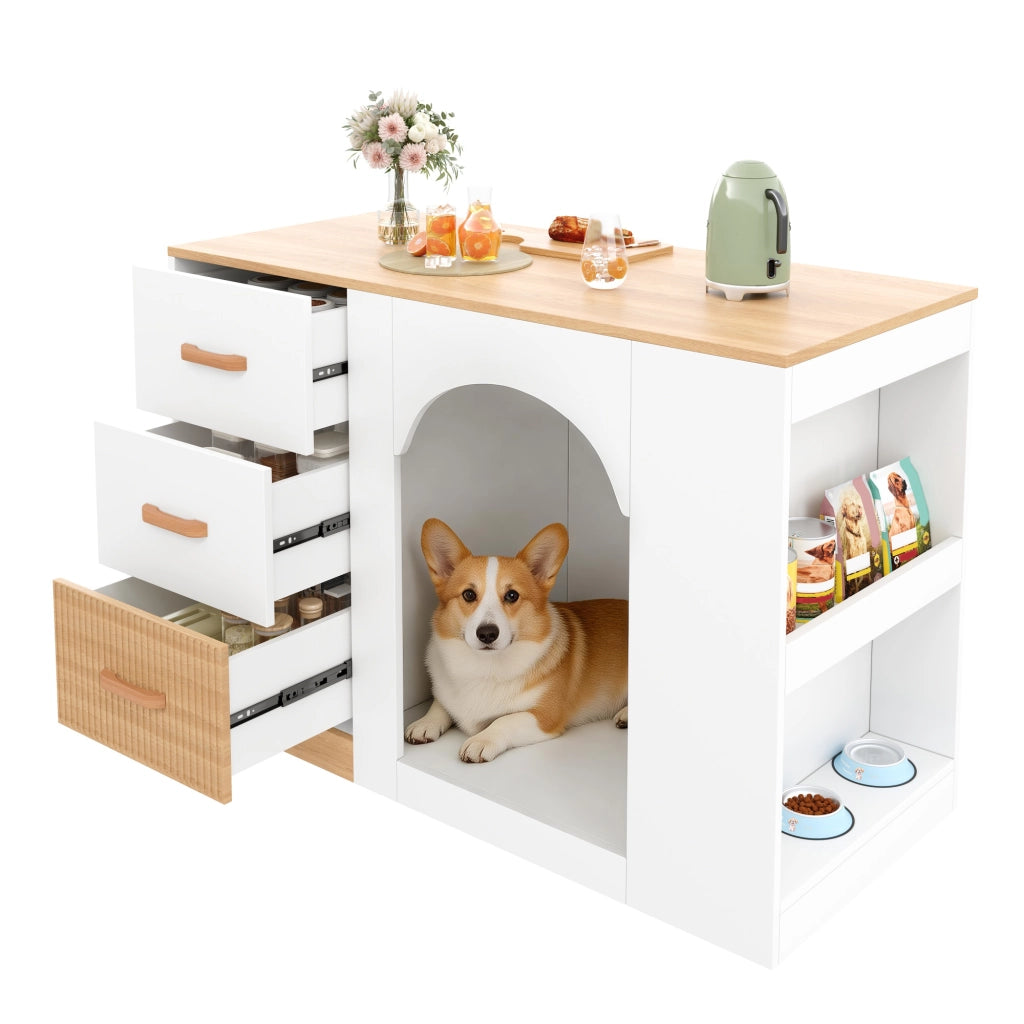 Isola da Cucina 120×60×90 cm con 3 Cassetti; 2 Ripiani Laterali e Zona Riposo per Animali; Bianca Legno