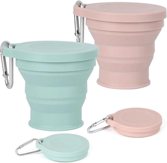 Bicchiere siliconico opgonfiabile 180 ml - BPA libero - Coperchio ermetico - Riciclabile per picnic e campeggio - Verde e rosa - Ideale per escursioni.