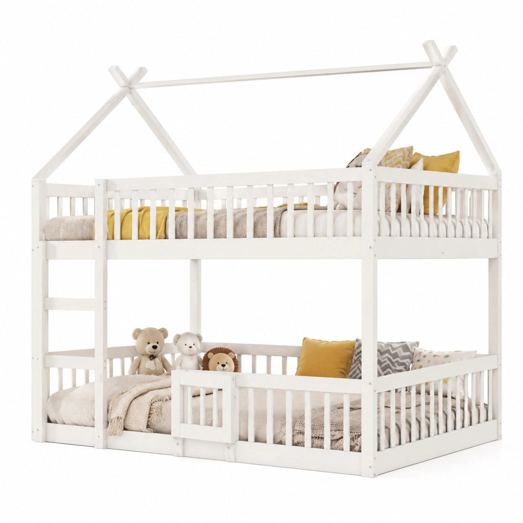DESMIU Letto a castello per bambini 140 × 200 cm 2 posti con scala e sponda, senza materasso, in legno, bianco