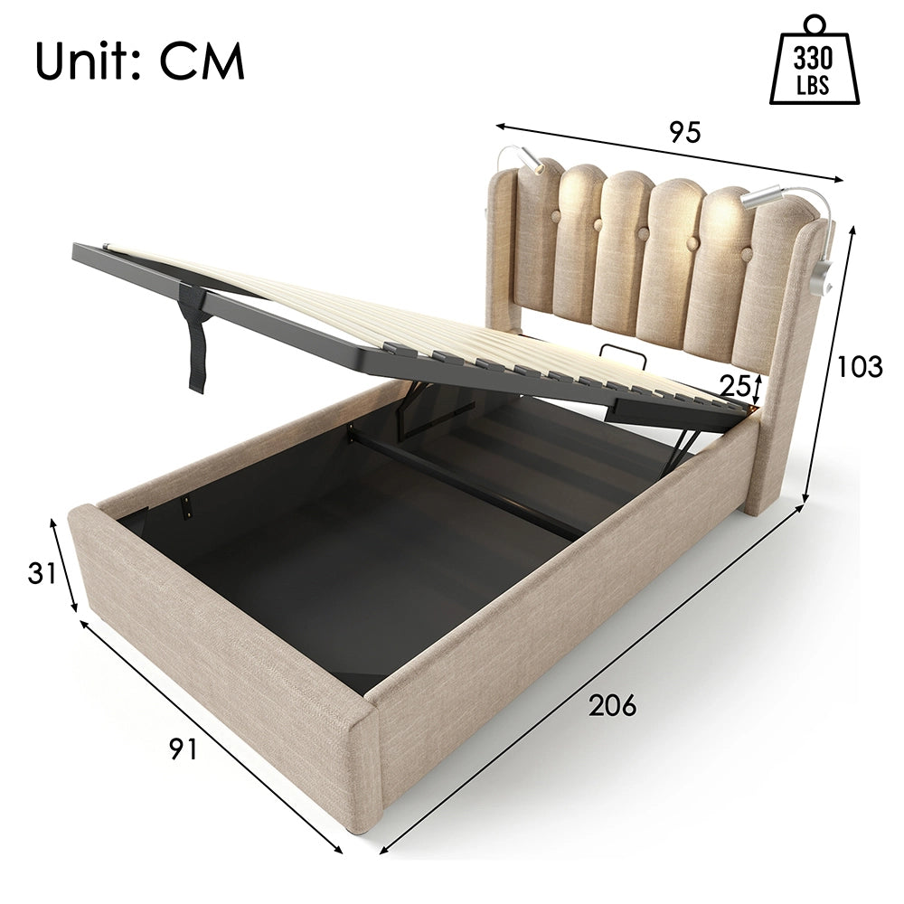 Letto a ribalta singolo con testiera imbottita - Xylo - 90x200 cm - Beige - Spazio di archiviazione