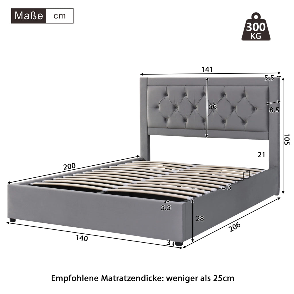 LETTO Contenitore 140x200 cm Grigio in velluto con struttura in acciaio