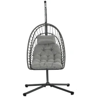 Poltrona Sospesa in Rattan PE con Cuscino, Seduta Pieghevole e Struttura in Acciaio, Grigio