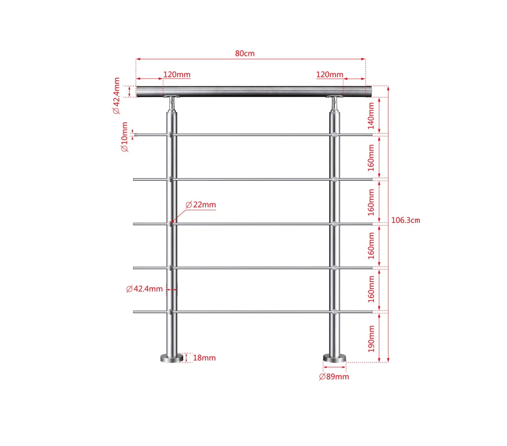 Balaustra Corrimano Ringhiera in acciaio inox 304 spazzolato 80x106cm per interni ed esterni 5 barre trasversali