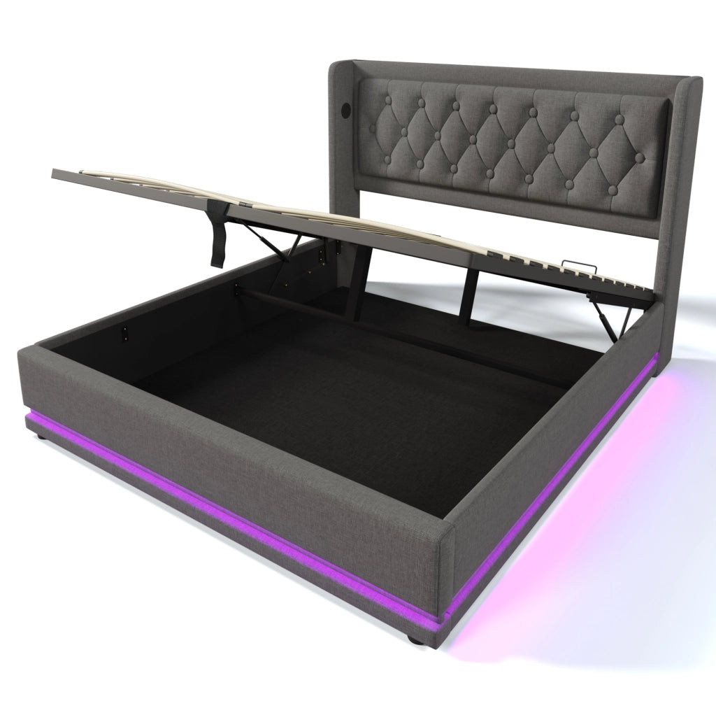 Letto matrimoniale imbottito 180x200 cm in cotone grigio con contenitore; LED e USB Type-C