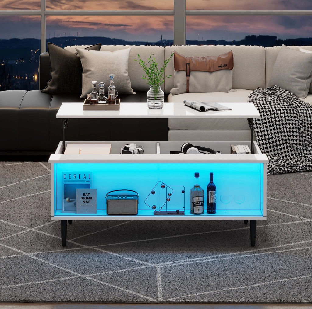Tavolino da salotto 105x50x43 cm; rialzabile con LED e vano nascosto; truciolato; bianco