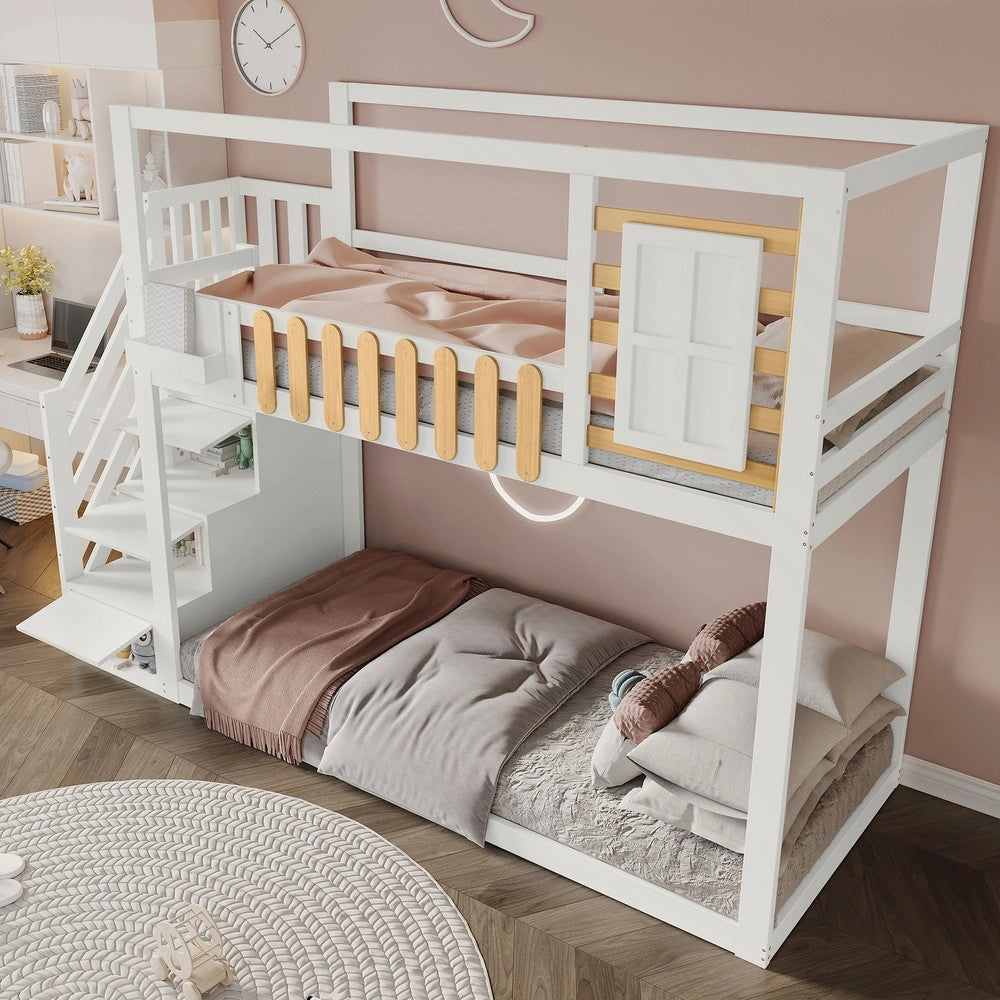 Letto a Castello con Scala, Finestra e Ripiani ¨C MINIMAL ¨C Pino Massello, Bianco, 90x200
