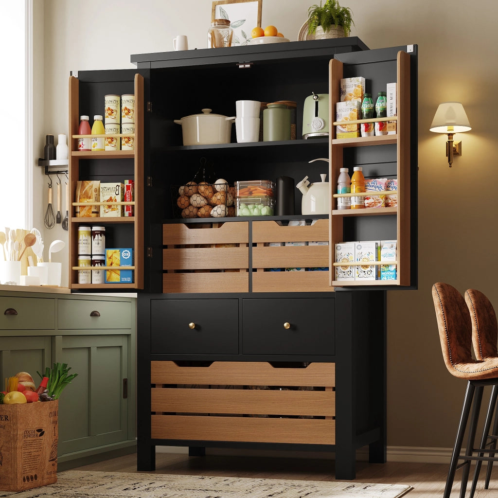 Credenza Alta da Cucina con 2 Ante; 5 Cassetti e 2 Ripiani Fissi; con Dispositivo Antiribaltamento; in MDF e Metallo; 80x40x140 cm; Nero