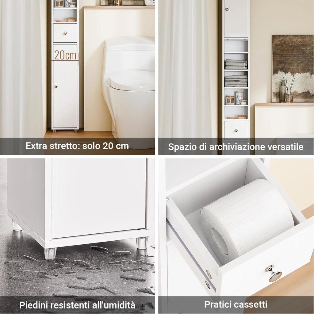 Mobile Bagno Alto e Stretto, Mobili Salvaspazio Mobiletto a Colonna da Terra con Ripiani Regolabili e Cassetto Armadietto per Bagno e Lavanderia 20×20×180 cm BZR34-II-W
