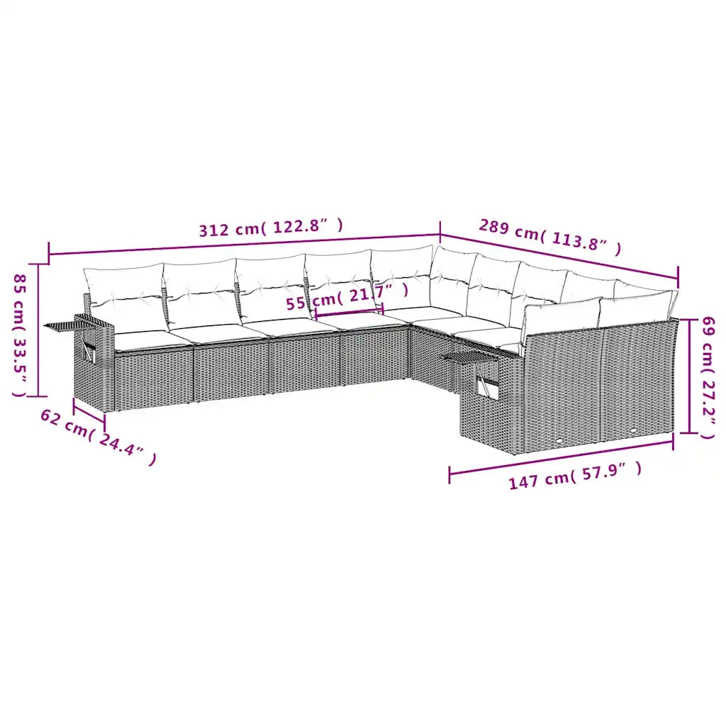 Set Divani da Giardino 10pz con Cuscini in Polyrattan Marrone