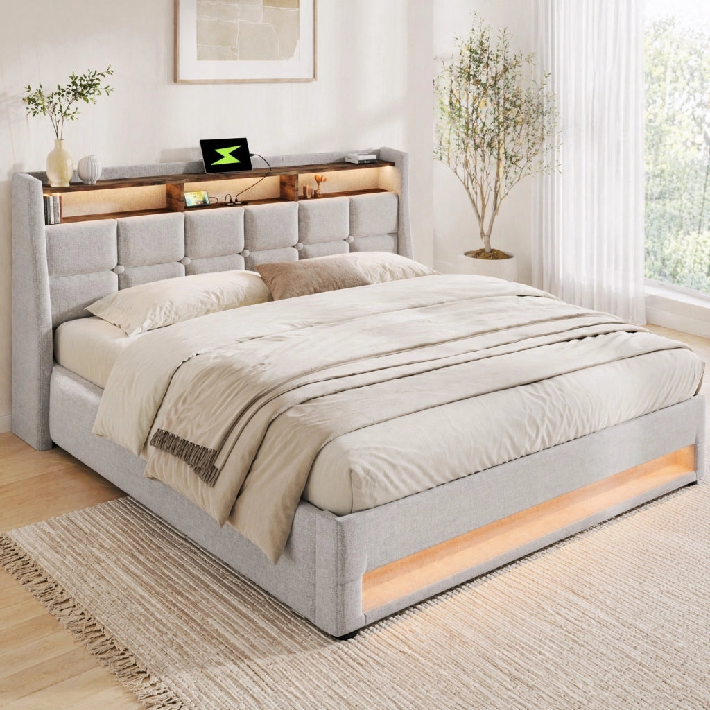 Letto imbottito 160x200 cm con LED, USB e contenitore, effetto vintage, senza materasso