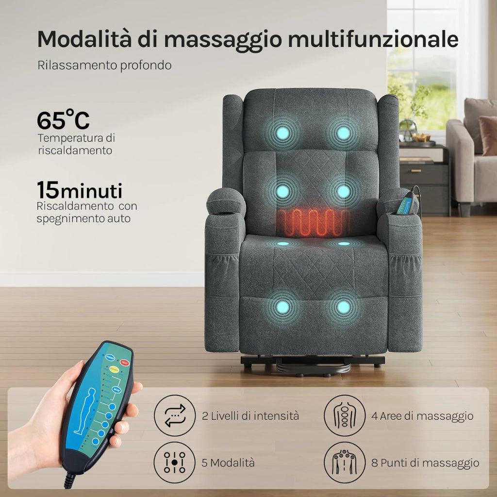 Poltrona Elettrica Reclinabile, Sedia Massaggiante con Alzapersone, Riscaldamento, Poggiapiedi, Tasche Laterali, Porta USB, Portabicchieri, per Soggiorno, Tessuto Spugna, Grigio, SKS61gr