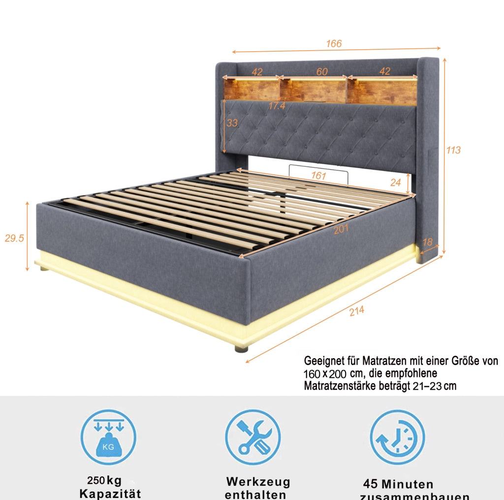 Letto imbottito LED con USB e vano contenitore, 160 x 200 cm, grigio