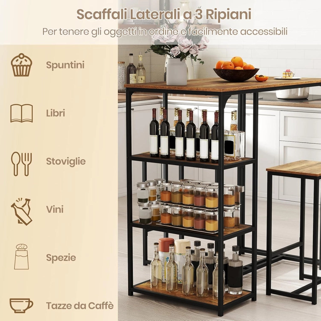 Set 3 Pezzi Tavoli da Bar per 2 Persone, Tavolo da Pranzo con 2 Sgabelli, 3 Ripiani Portaoggetti, Banco Pub e Sedie per Appartamento Piccolo, Cucina e Soggiorno,110 x 60 x 110 cm