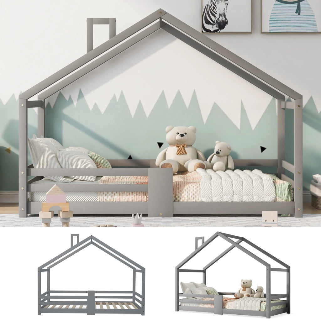Letto Casetta Letto Singolo 90×200 cm con Sponde di Sicurezza e Tetto con Camino; senza Materasso; Grigio