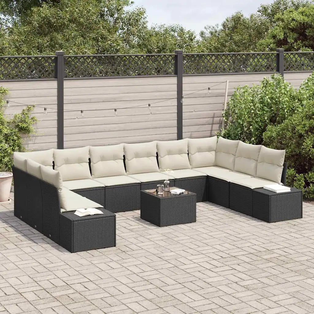 Set Divano da Giardino 10 pcs Nero e Crema Polyrattan