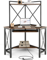 Scrivania angolare con ripiani, tavolo da lavoro a forma di L, scrivania per computer con prese, vassoio per tastiera, deflettore anticaduta, design salvaspazio (marrone)