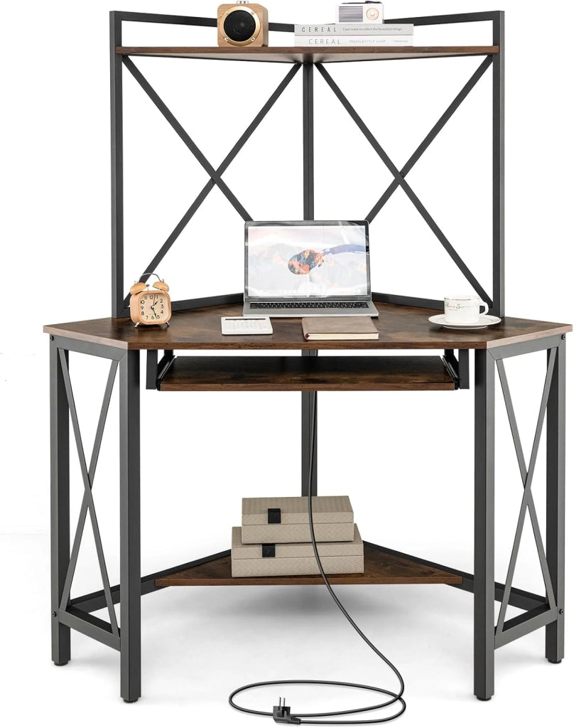 Scrivania angolare con ripiani, tavolo da lavoro a forma di L, scrivania per computer con prese, vassoio per tastiera, deflettore anticaduta, design salvaspazio (marrone)