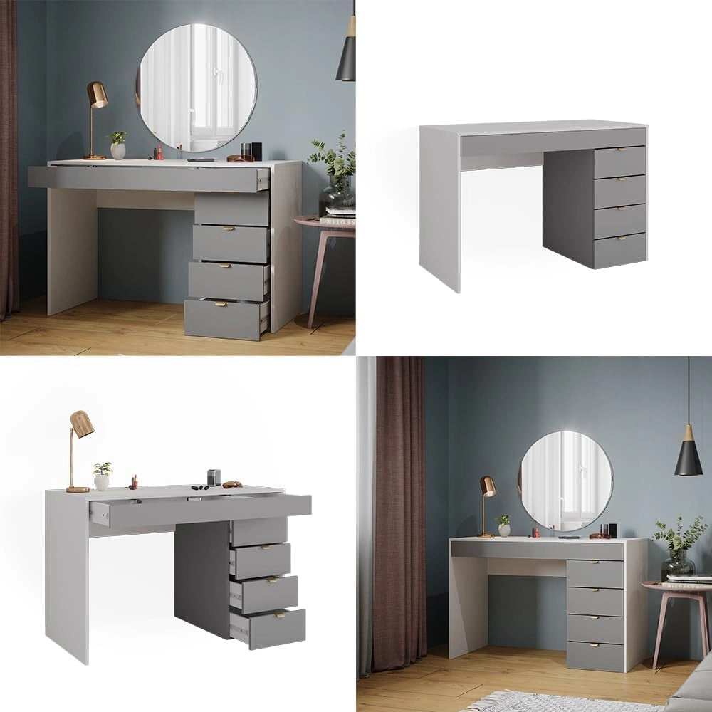 Tavolo da toeletta Elise, Bianco/grigio/grigio, 115 cm con 5 cassetti, da utilizzare come toeletta o superficie d’appoggio in camera da letto