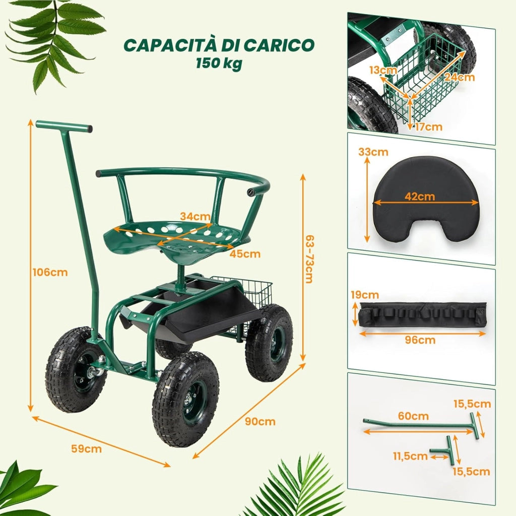 Sgabello per Giardinaggio con Ruote, Carrello da Giardino Regolabile in Altezza con Sedile Girevole a 360, Cuscino, 2 Maniglie di Sterzo e Vassoio Porta Utensili