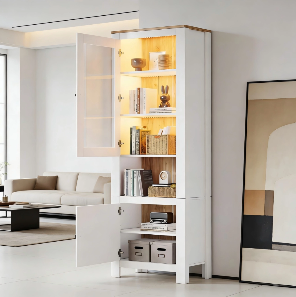 Vetrina alta 70 x 40 x 188 cm con 2 ante, ripiani regolabili e LED