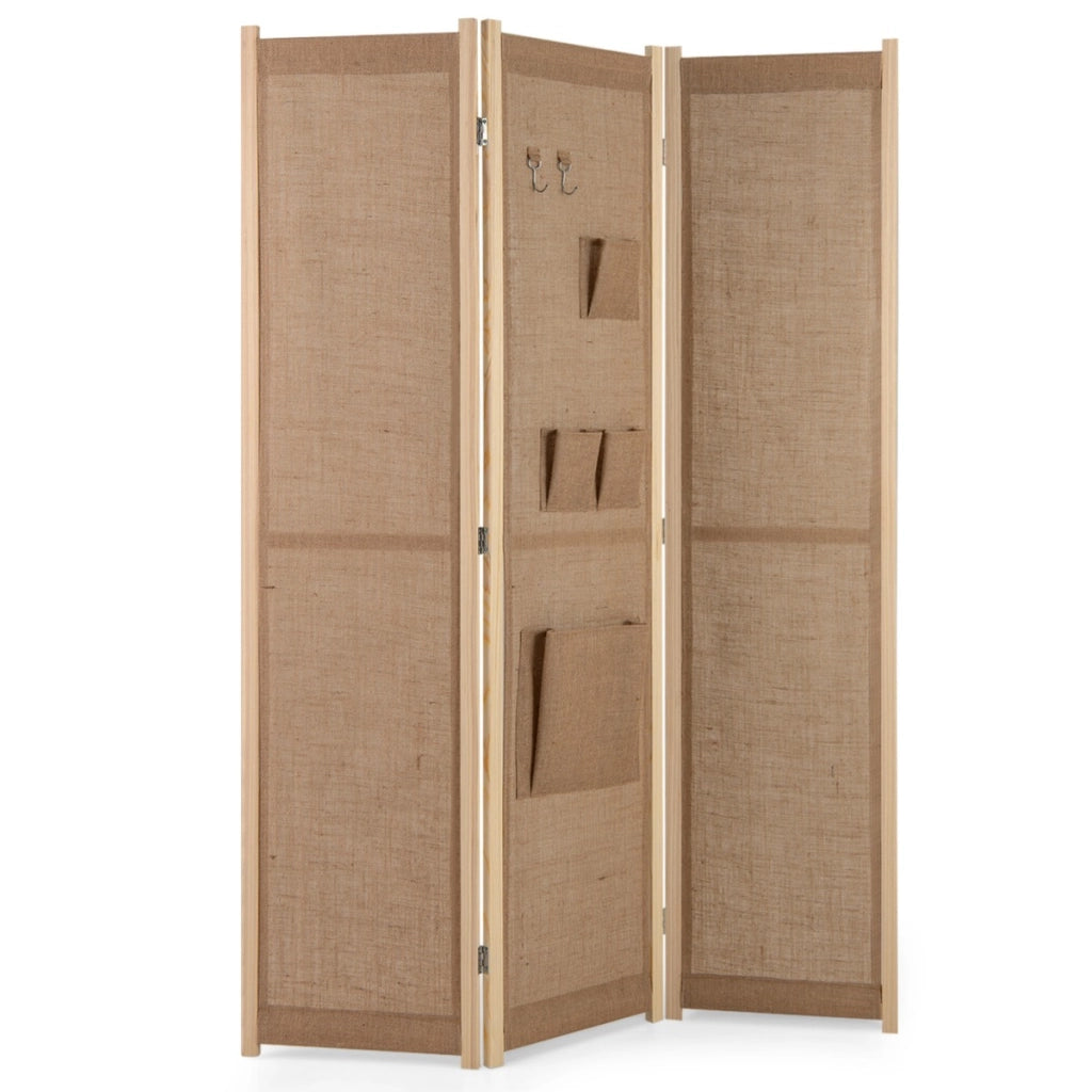Paravento in lino finto a 4 pannelli con tasche di stoccaggio, Schermo di privacy pieghevole con ganci Beige-Separ¨¨