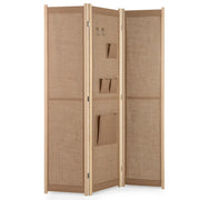 Paravento in lino finto a 4 pannelli con tasche di stoccaggio, Schermo di privacy pieghevole con ganci Beige-Separ¨¨