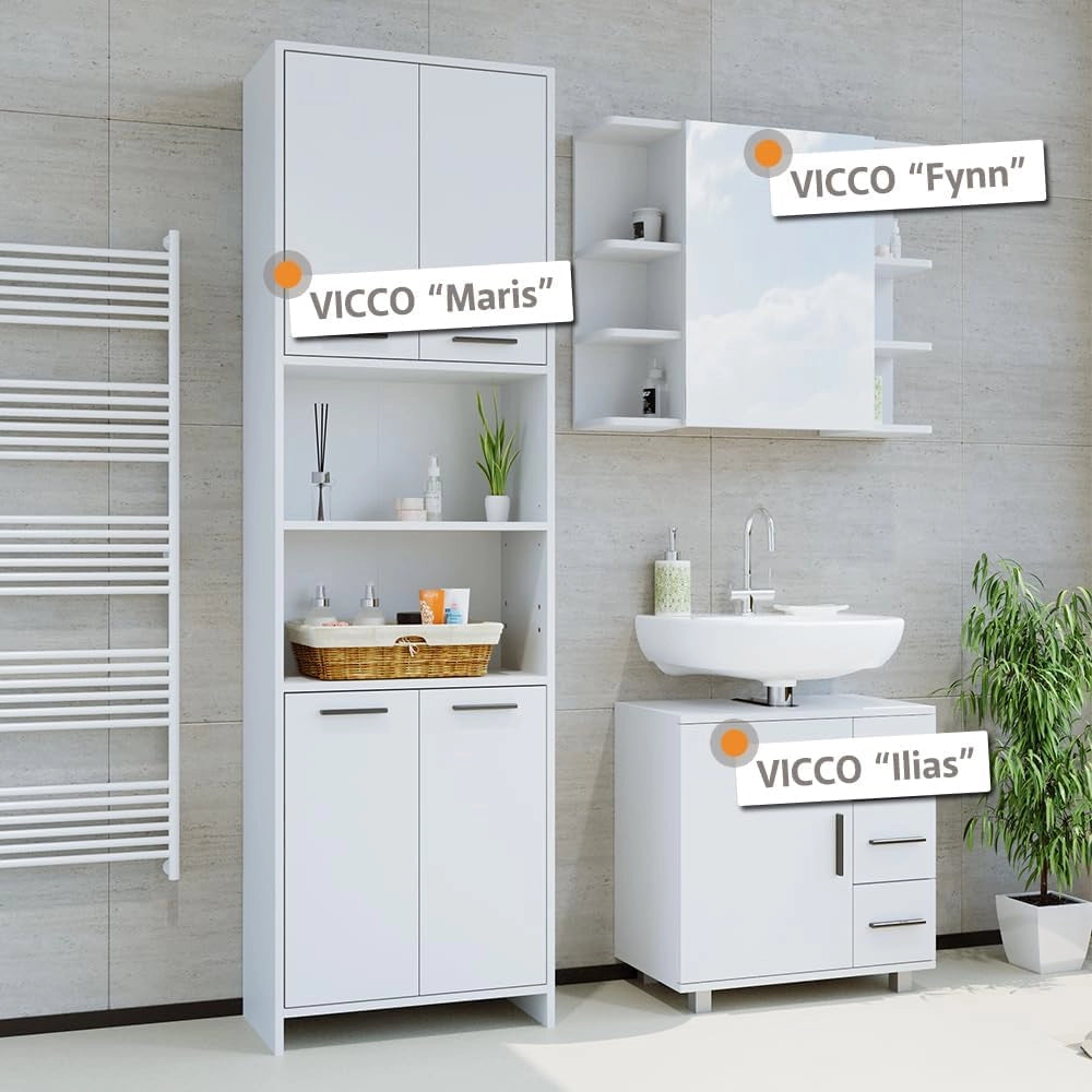 Set di mobili da bagno Maris, Bianco, 2 pezzi, con colonna e mobile a specchio per bagno, composto da armadio alto e armadietto a specchio