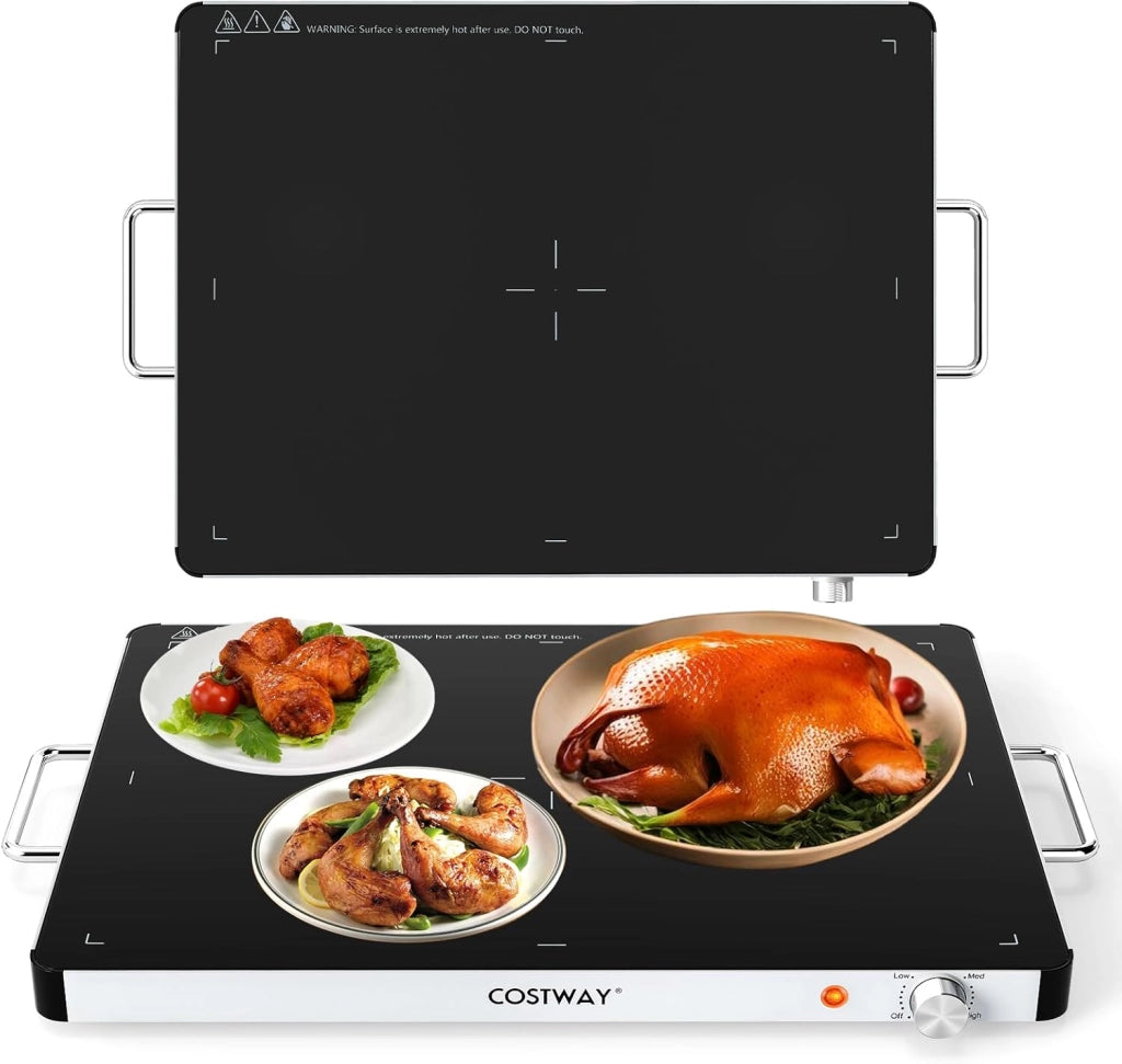 Vassoio Riscaldante Elettrico, Piatto Scaldavivande Portatile in Vetro Temperato con Temperatura Regolabile e Maniglie Antiustioni, per Feste Buffet (53 x 40 cm)