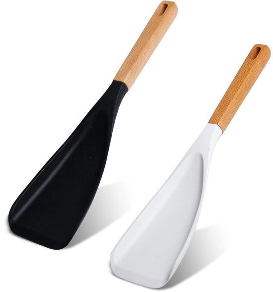 Set da cucina da 2 pezzi, spatola e cucchiaio in silicone, 31 x 7 cm, manico in legno, resistenti al calore, per la cottura e la servizio