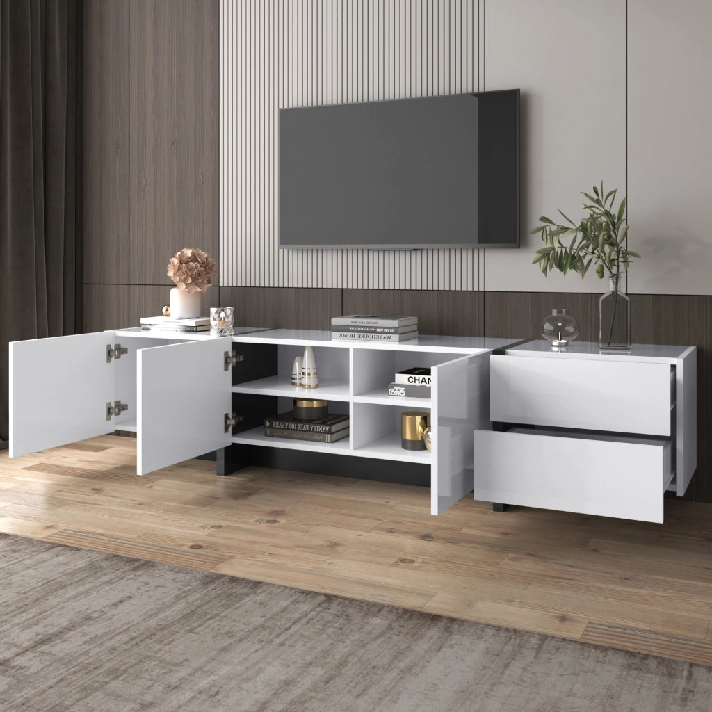 Mobile TV con 3 Ante e 2 Cassetti; Bianco Lucido con Piedini Neri; Soggiorno; 190??35??45 cm; Pannello Truciolare