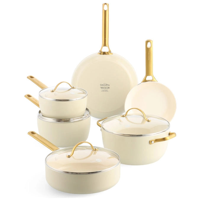 GreenPan CC008495-001 Padova Reserve Set pentole e padelle 10 pezzi Alluminio con rivestimento ceramico Antiderente per induzione Forno fino a 200 °C colore Crema