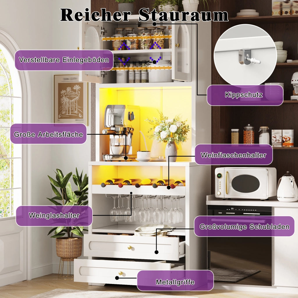 Dispensa alta con ante in vetro, LED, ripiani regolabili, portabottiglie, USB, per cucina e soggiorno, bianco