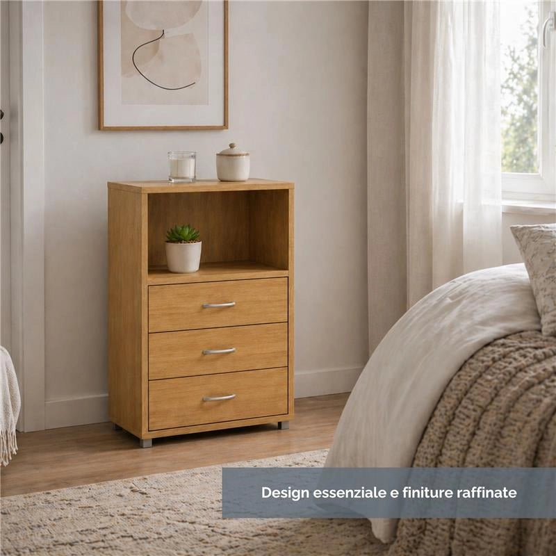 CASSETTIERA IN LEGNO CON TRE CASSETTI E RIPIANO COLORE ROVERE DIMENSIONI 60X40X101 CM