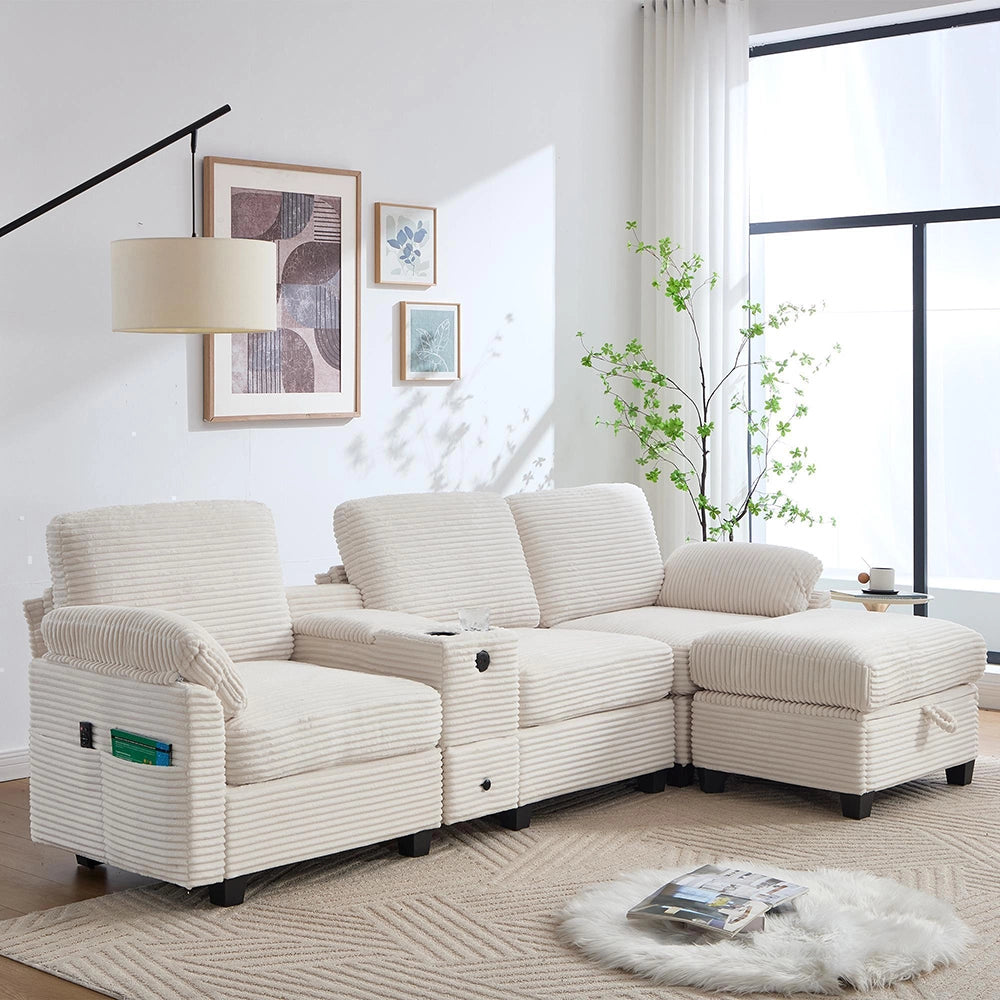 Divano grande in velluto - Xylo - Con console centrale USB-C e pouf
