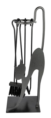 Trespolo per Attrezzi Camino Rettangolare Sagoma Gatto con Paletta Scopino Attizzino e Pinza 28x19x66 cm in Ferro