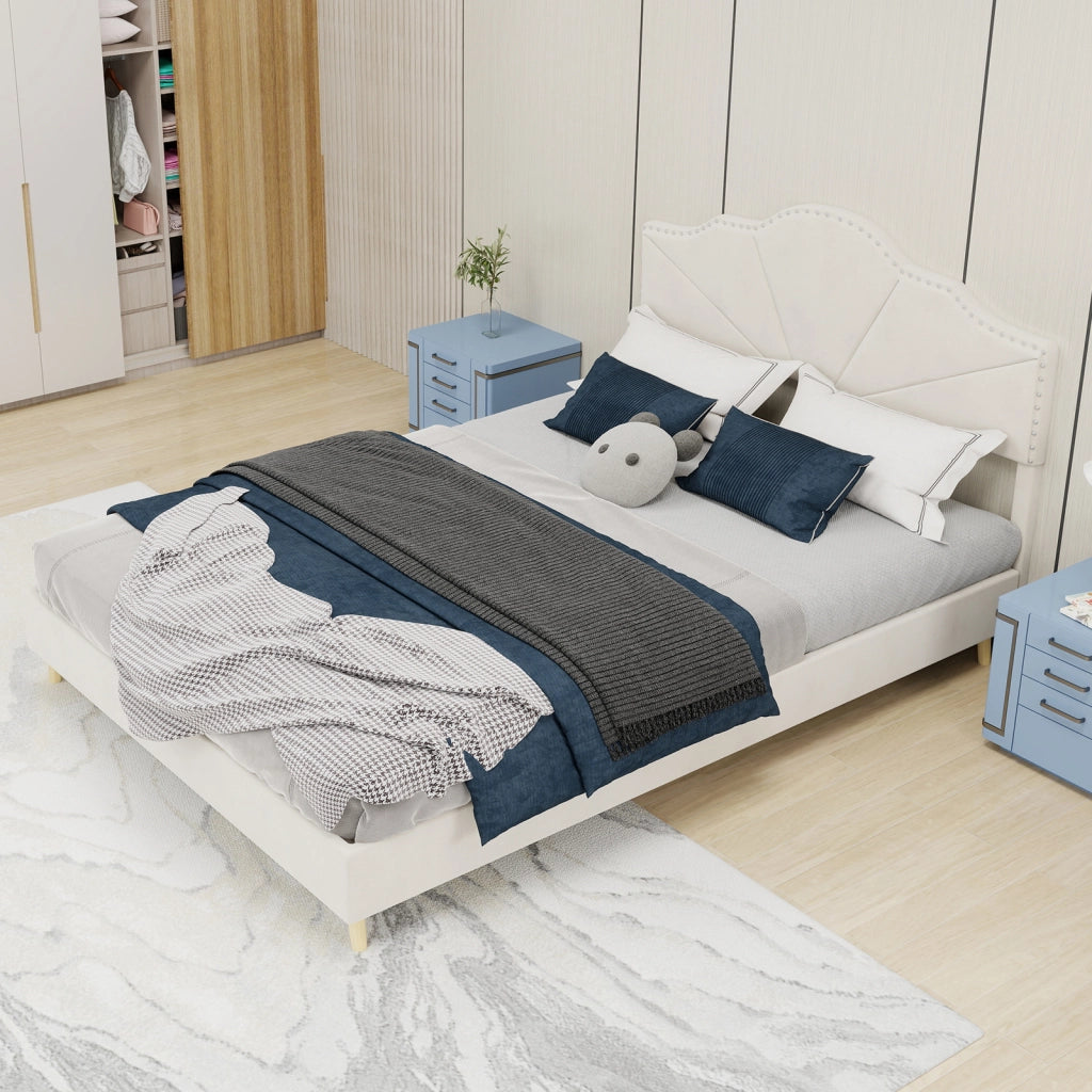 Letto Matrimoniale 140x200 cm con Testiera Imbottita e Rete a Doghe in Tessuto Beige