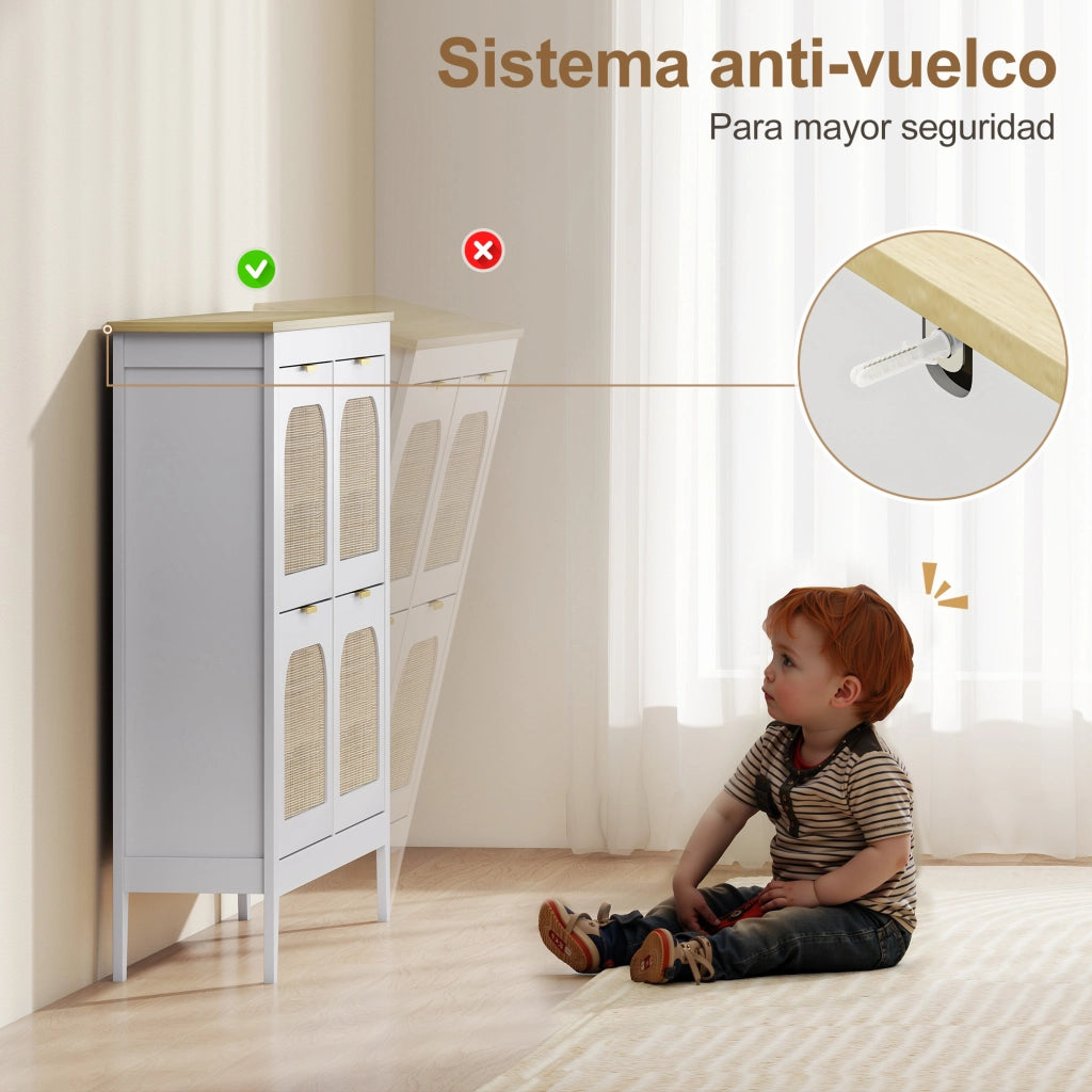Mobile per Scarpe con 4 Ante in Rattan e Ripiani Regolabili ¨C Zephmum ¨C Bianco 105x24x95,5 cm