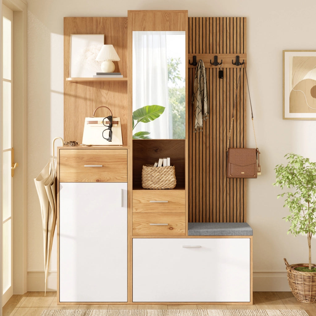 Mobile da ingresso con specchio LED panca appendiabiti e ribalta per scarpe in MDF bianco naturale 120 × 32 × 178 cm