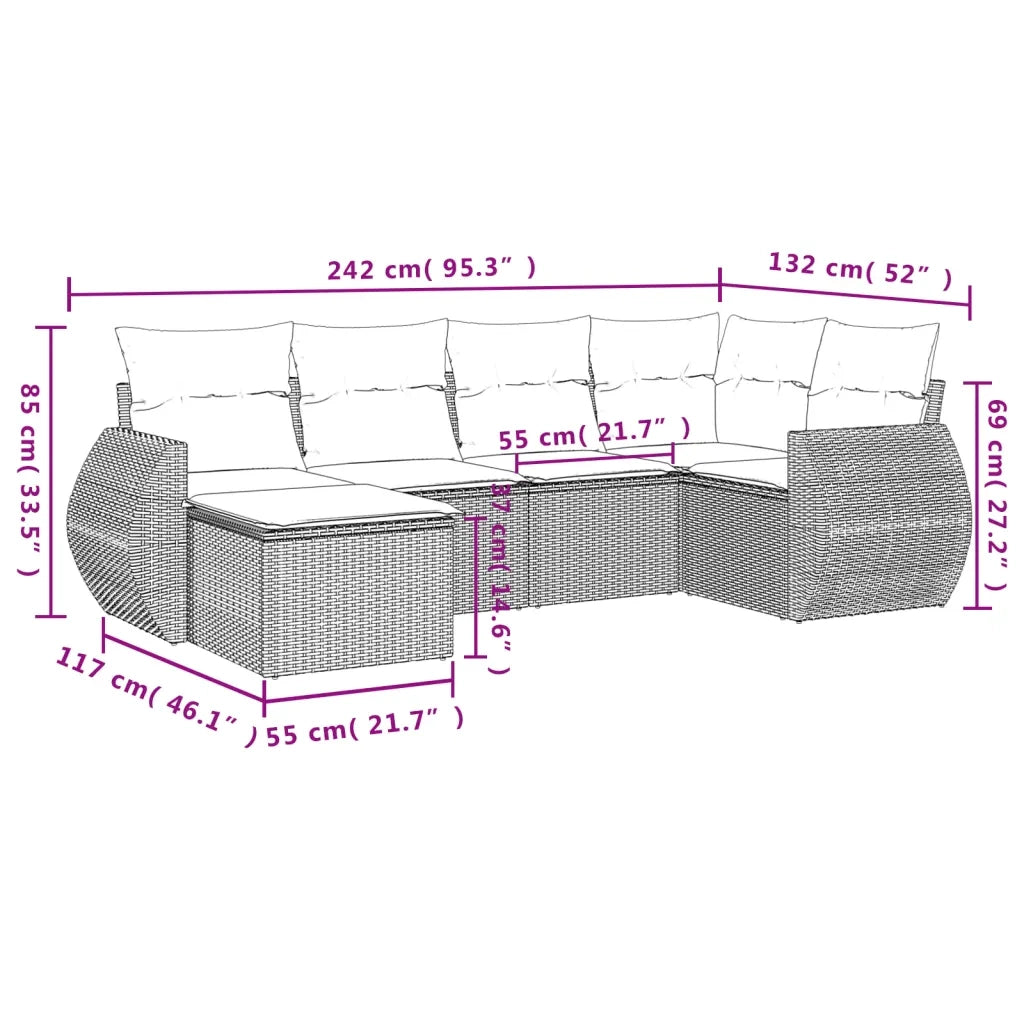 Set Divano da Giardino 6 pz con Cuscini Nero in Polyrattan 3221655