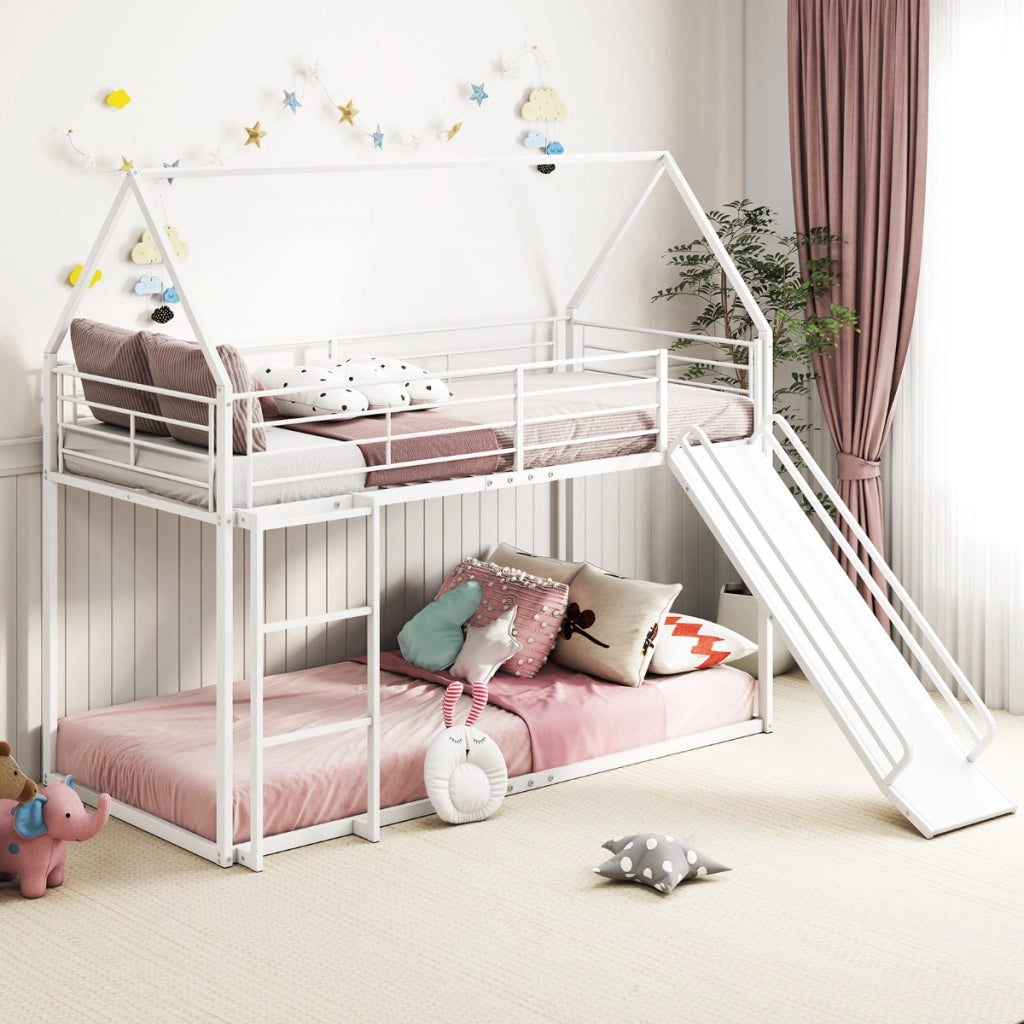 Loft con sponda di sicurezza e tetto di casa con scivolo e scala convertibili, Letto a castello basso doppio letto singolo Bianco-Lettini per bimbi