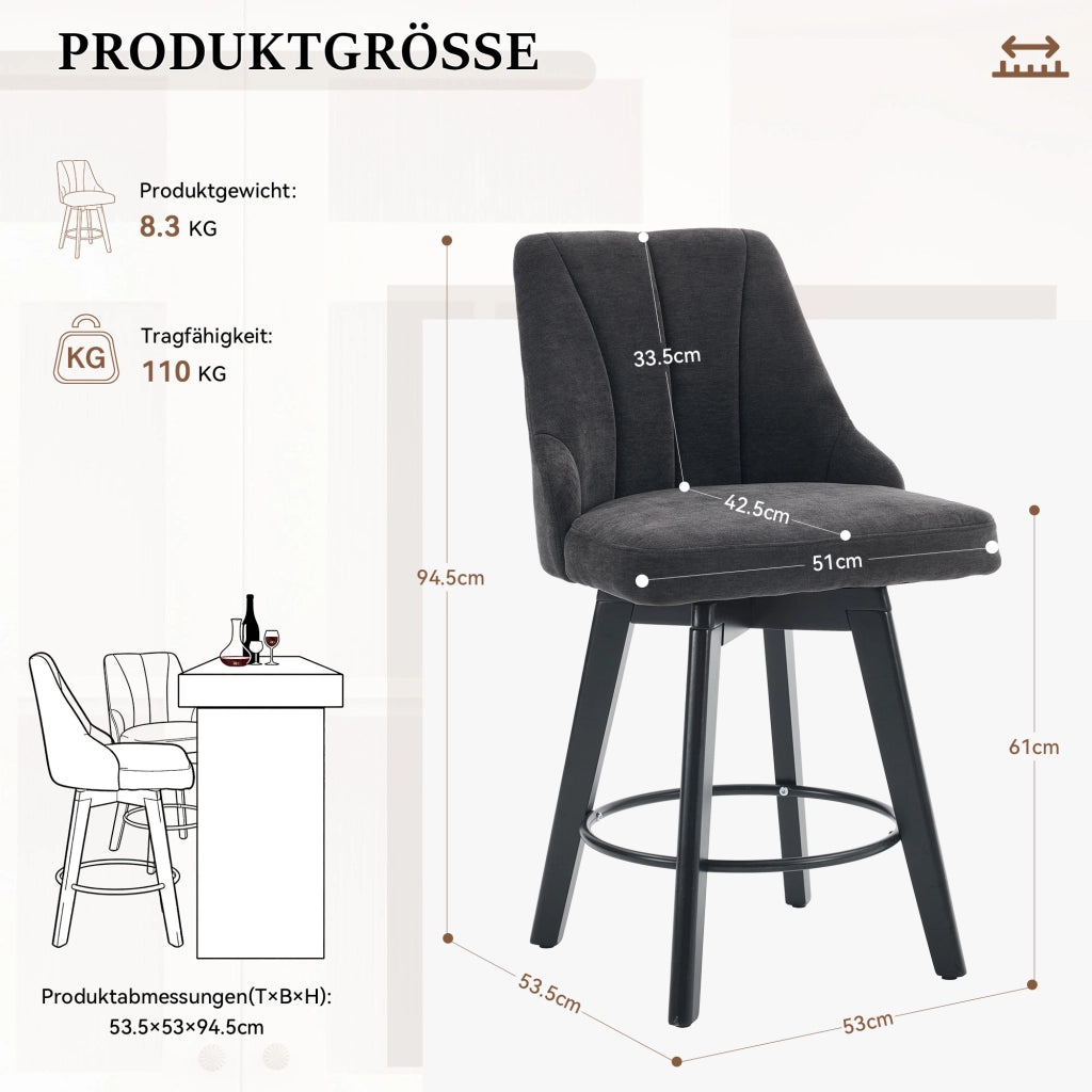 Sgabello da bar girevole in tessuto chenille, con schienale, poggiapiedi e base robusta, grigio