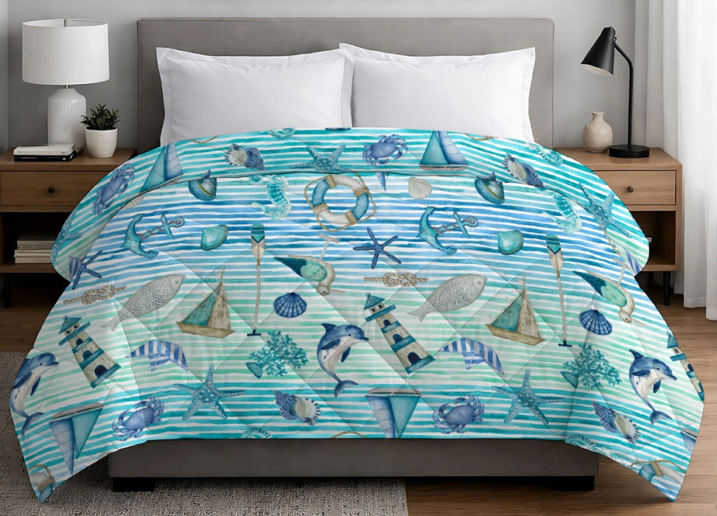 Trapuntino Piumino Estivo Primaverile 100gr/mq Leggero Disegno Mare - Matrimoniale - Azzurro