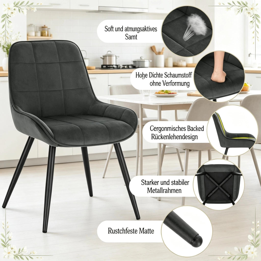 Sedia da Pranzo Set da 4 Sedia Imbottita Ergonomica con Gambe in Metallo e Piedini Regolabili Velluto Grigio Scuro