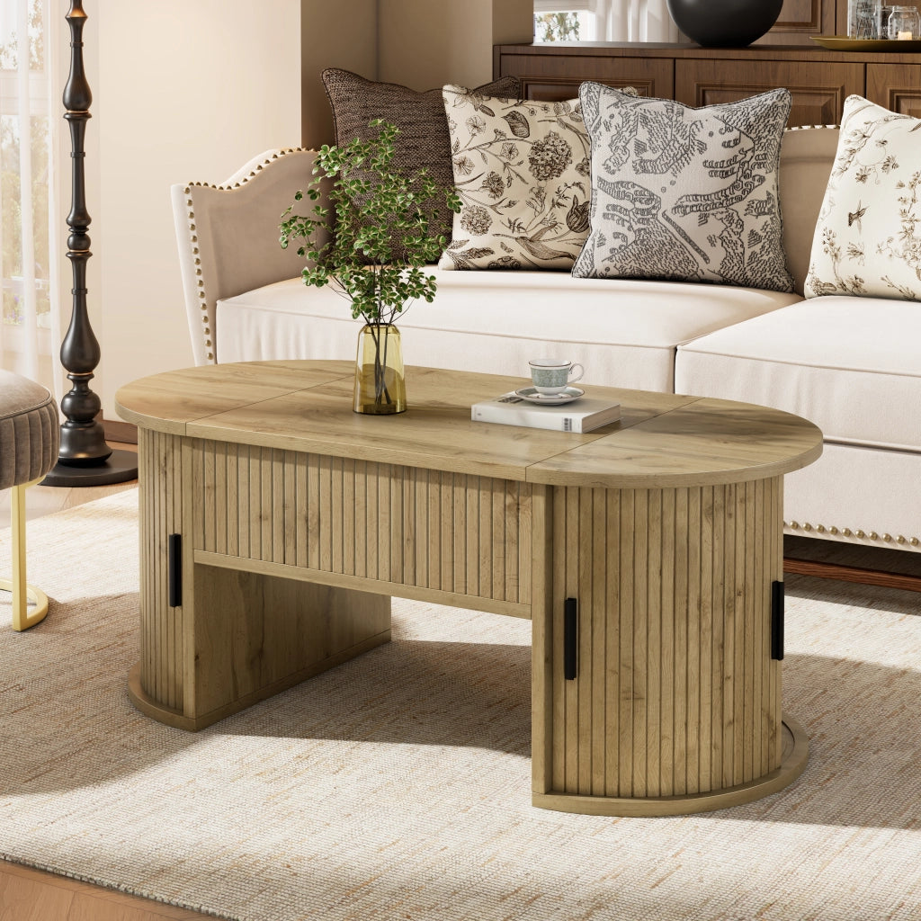 Tavolino da Caffè Sollevabile Ovale con 2 Ante Scorrevoli e Ripiani Aperti; Stile Moderno Retrò; in MDF; 100×50×40;5 cm; Rovere