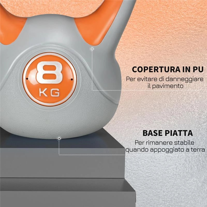 KETTLEBELL 8 KG IN PU E SABBIA CON BASE PIATTA 20 X 14 X 24 CM ARANCIONE